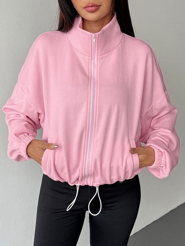 Oversized Zip-Up Jacket with Stand Collar and Drawstring Hem