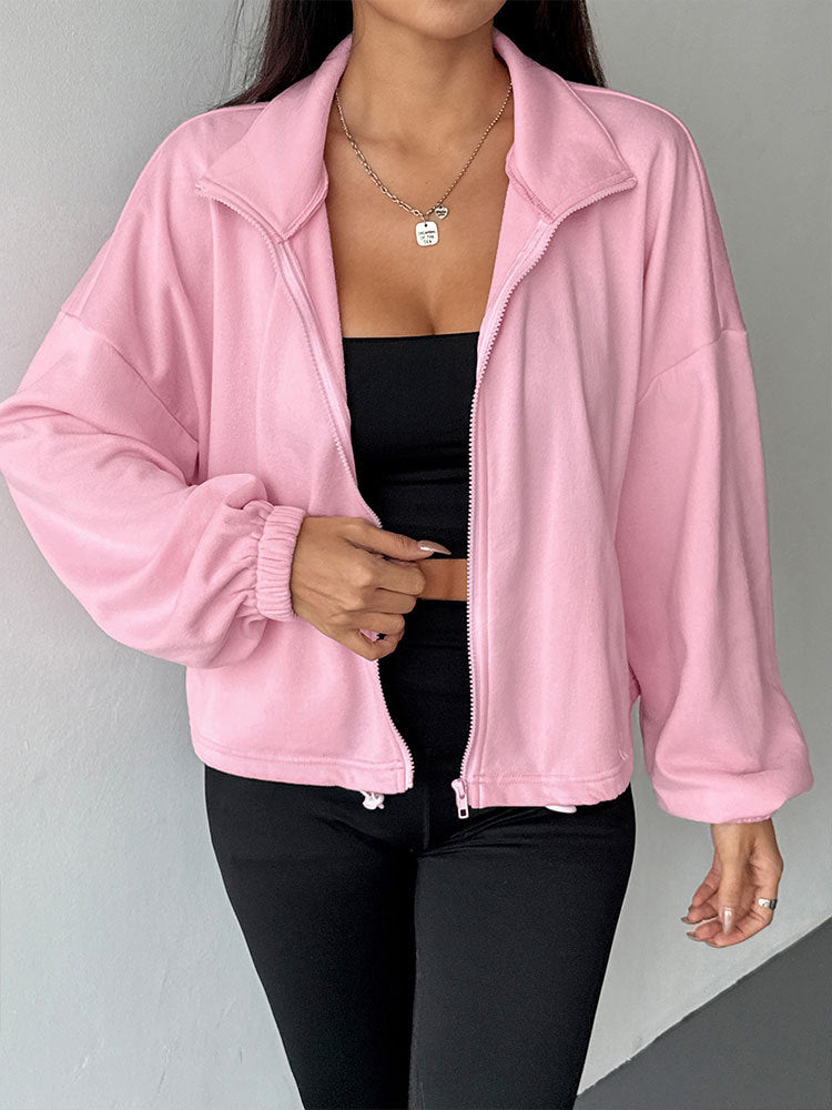 Oversized Zip-Up Jacket with Stand Collar and Drawstring Hem