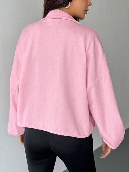 Oversized Zip-Up Jacket with Stand Collar and Drawstring Hem
