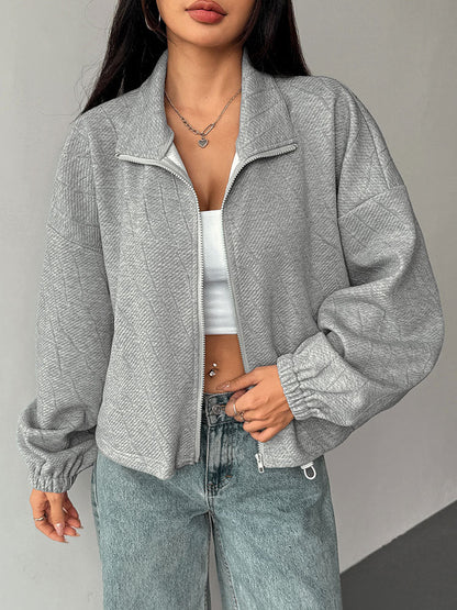 Oversized Zip-Up Jacket with Stand Collar and Drawstring Hem