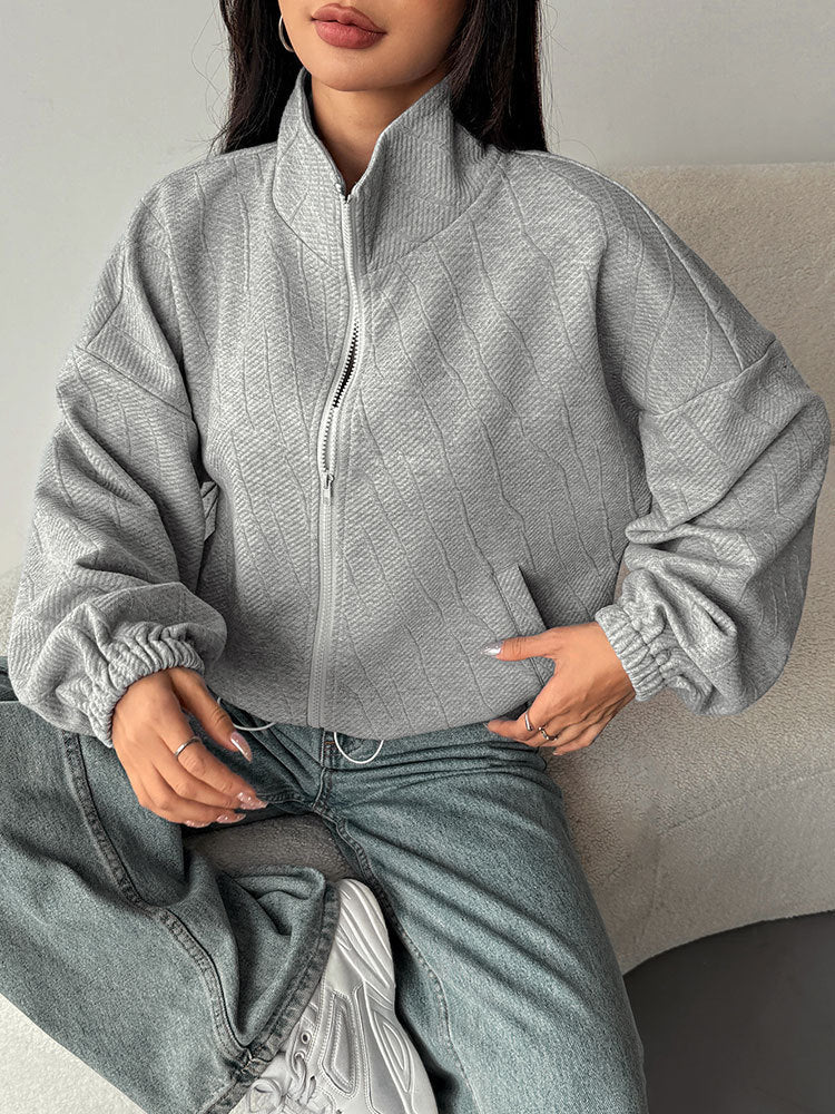 Oversized Zip-Up Jacket with Stand Collar and Drawstring Hem