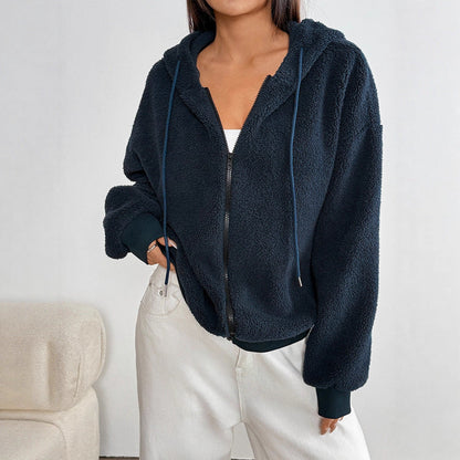 Loose Fit Fuzzy Zip-Up Hoodie with Drawstring