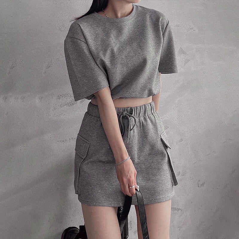 Glitter Cropped T-Shirt and Mini Skirt Set with Cargo Pockets