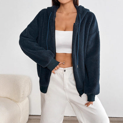 Loose Fit Fuzzy Zip-Up Hoodie with Drawstring