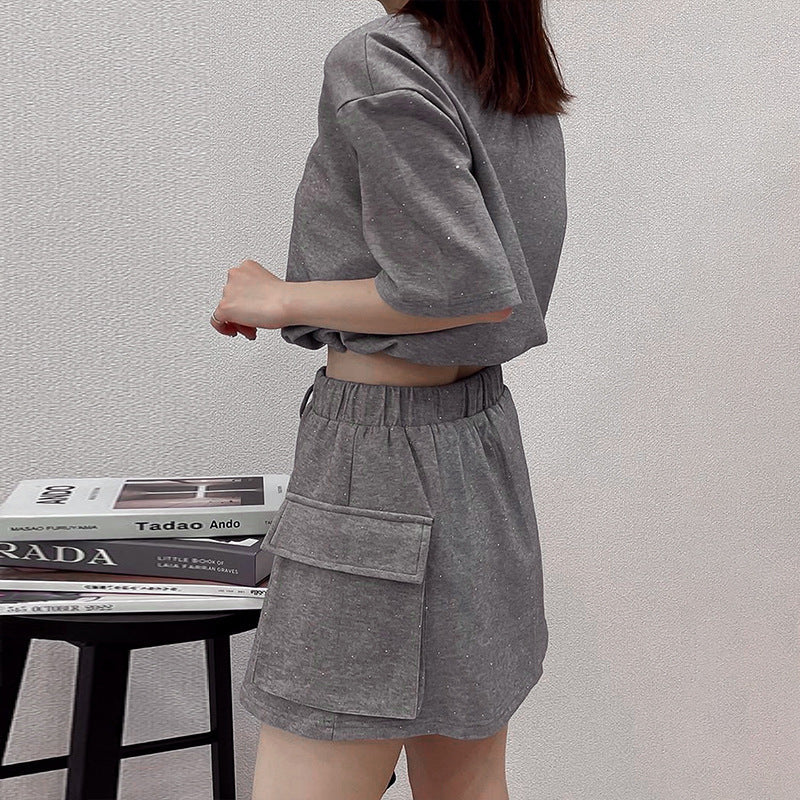 Glitter Cropped T-Shirt and Mini Skirt Set with Cargo Pockets