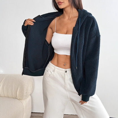 Loose Fit Fuzzy Zip-Up Hoodie with Drawstring