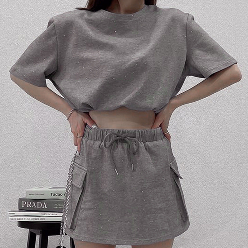 Glitter Cropped T-Shirt and Mini Skirt Set with Cargo Pockets