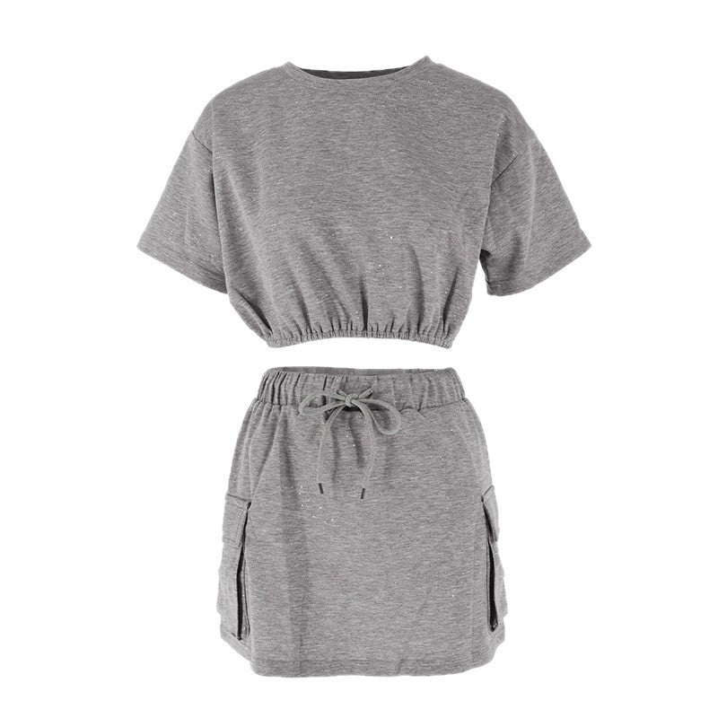 Glitter Cropped T-Shirt and Mini Skirt Set with Cargo Pockets