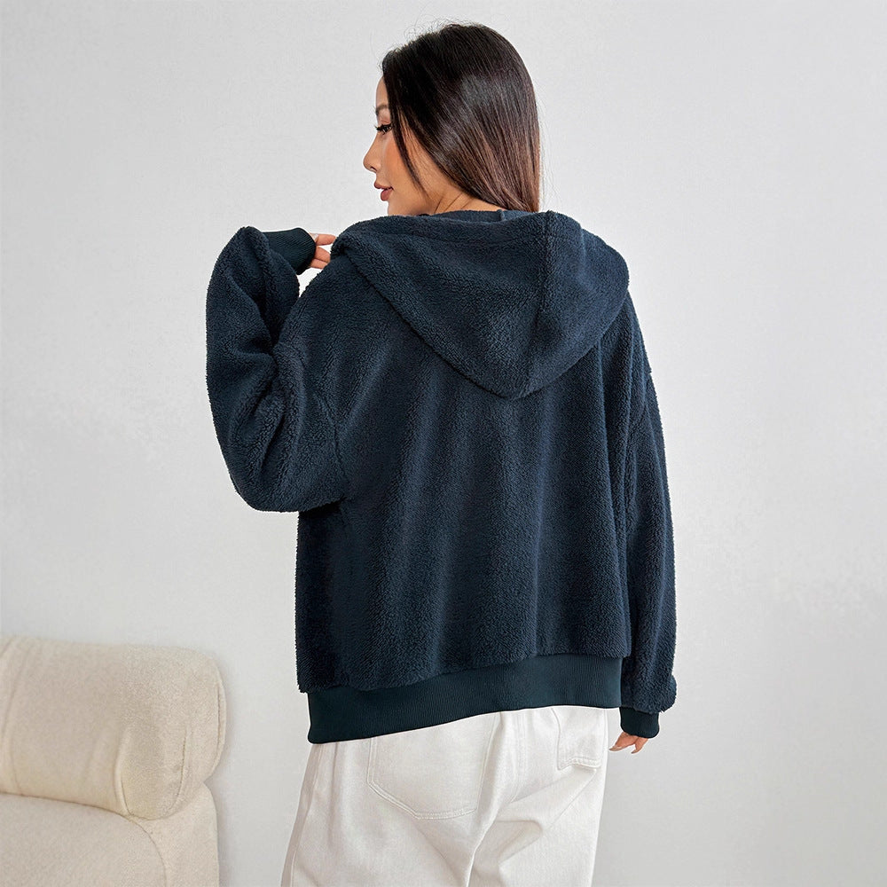 Loose Fit Fuzzy Zip-Up Hoodie with Drawstring