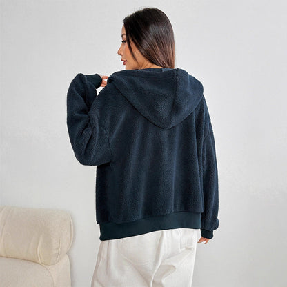 Loose Fit Fuzzy Zip-Up Hoodie with Drawstring