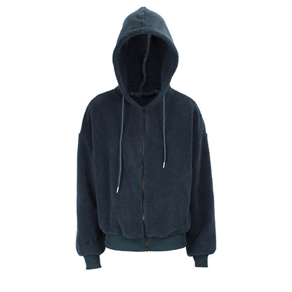 Loose Fit Fuzzy Zip-Up Hoodie with Drawstring