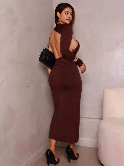 Bodycon Midi Dress with One-Shoulder and Open Back