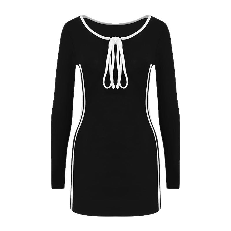 Bodycon Mini Dress with Contrast Side Stripes and Tie-Front Collar
