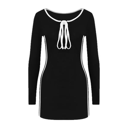 Bodycon Mini Dress with Contrast Side Stripes and Tie-Front Collar
