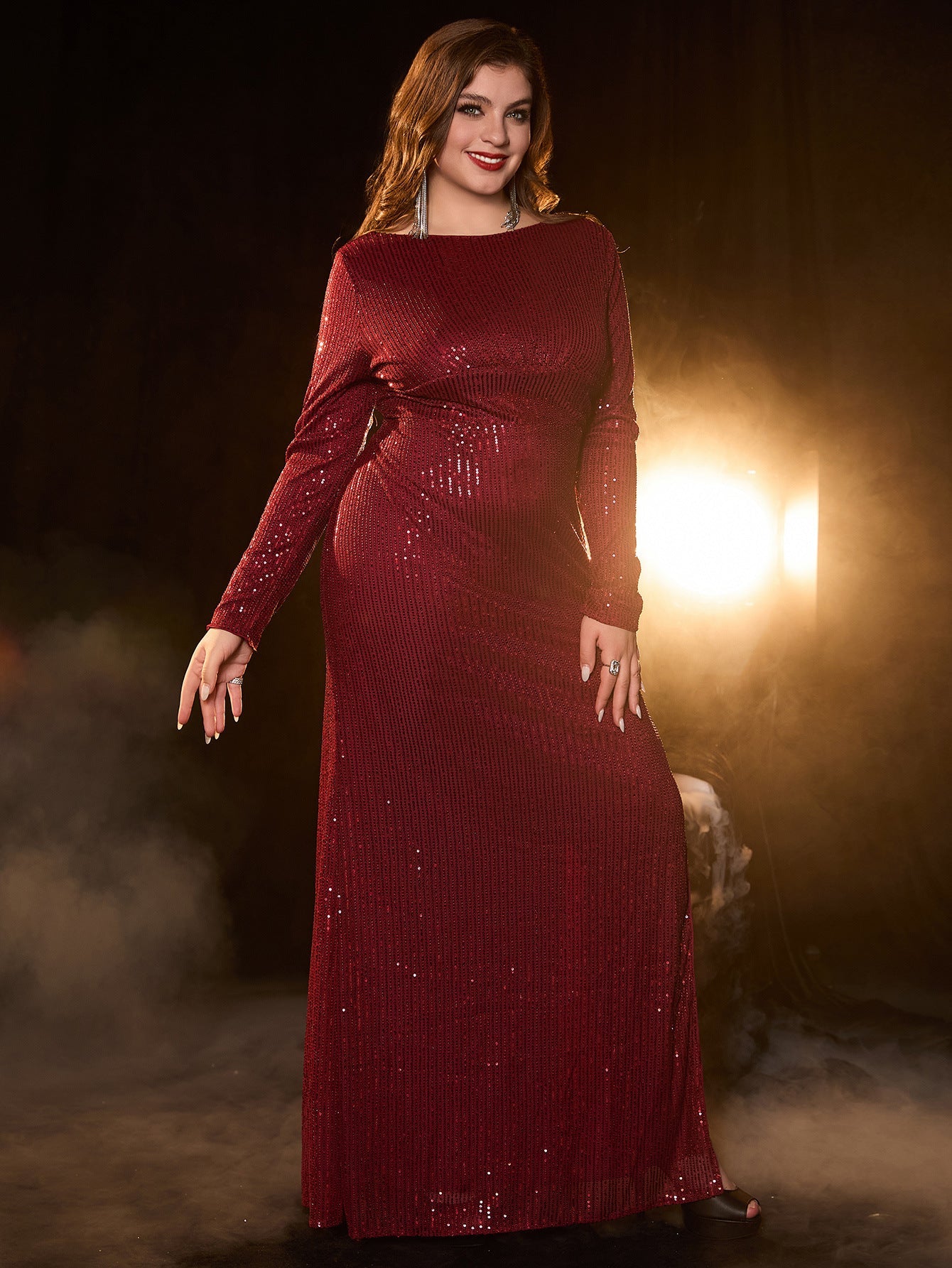 Long Sleeve Sequined Sheath Maxi Dress with High Slit
