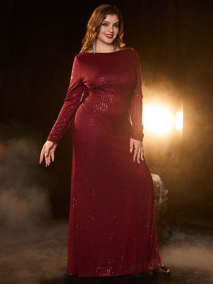 Long Sleeve Sequined Sheath Maxi Dress with High Slit