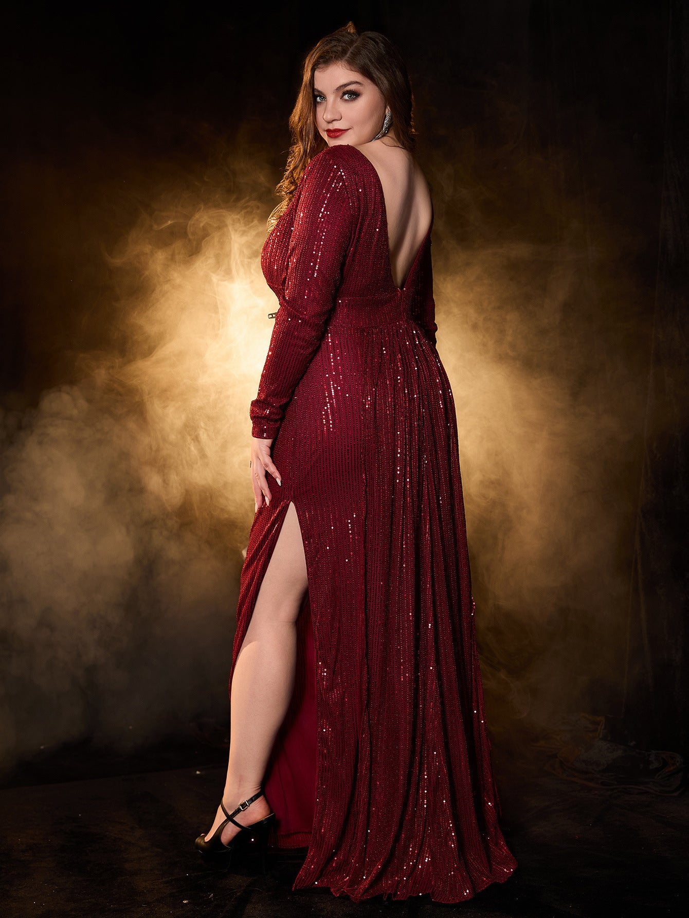 Long Sleeve Sequined Sheath Maxi Dress with High Slit