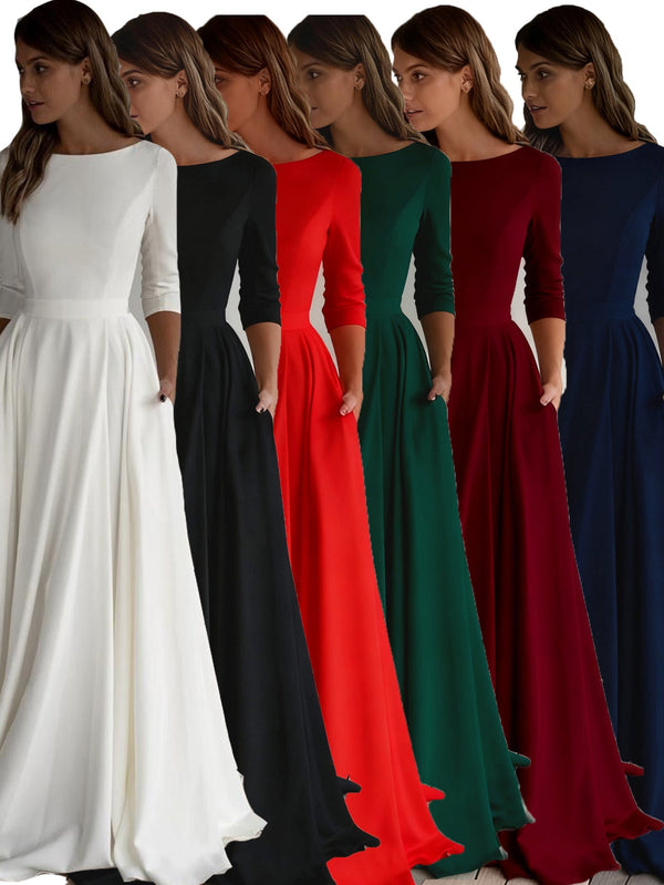 A-Line Maxi Dress with Nine-Quarter Sleeves and Pockets