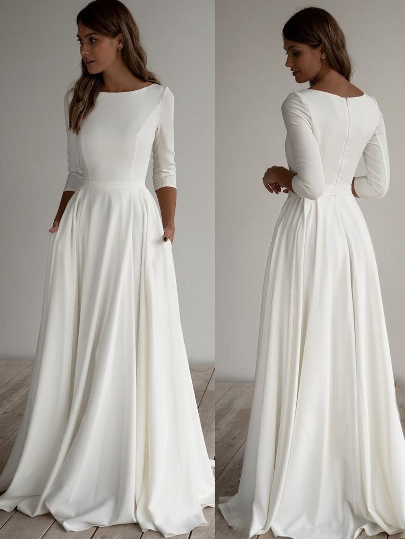 A-Line Maxi Dress with Nine-Quarter Sleeves and Pockets