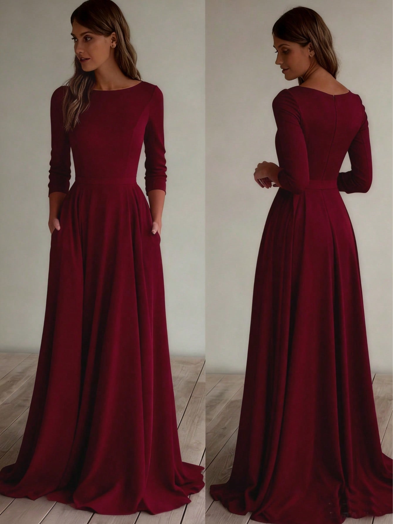 A-Line Maxi Dress with Nine-Quarter Sleeves and Pockets