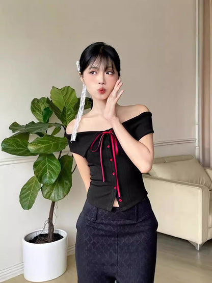 Off-Shoulder Ribbed Cardigan Top with Contrast Bow