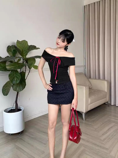 Off-Shoulder Ribbed Cardigan Top with Contrast Bow
