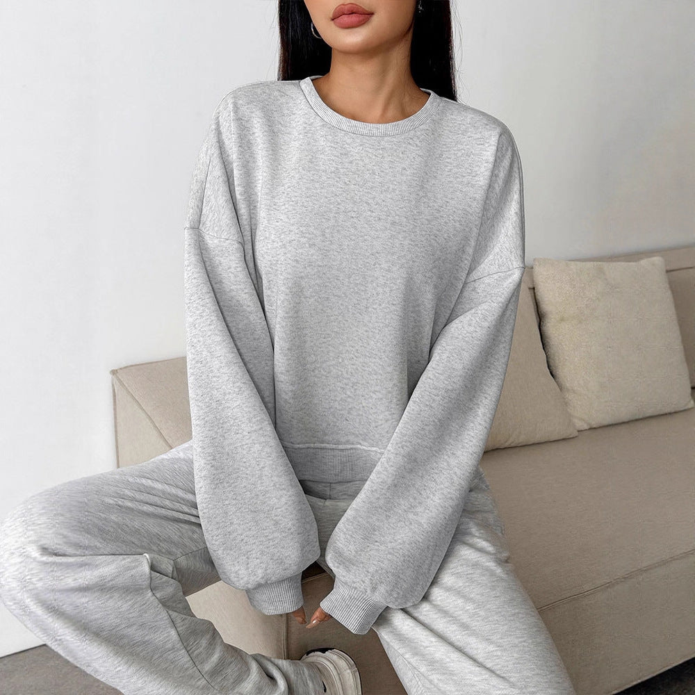 Oversized Solid Crew Neck Sweatshirt with Drop Shoulders