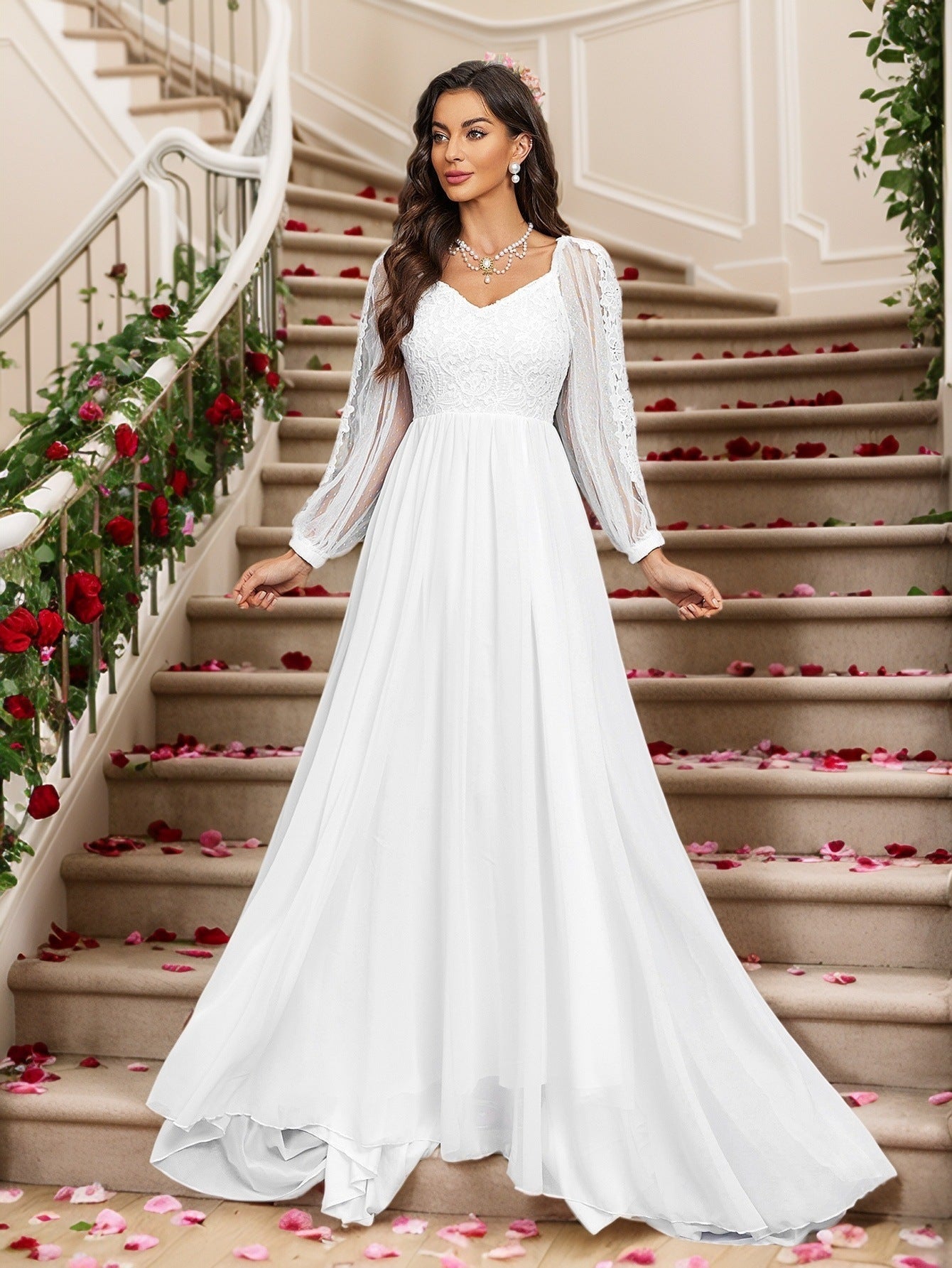 A-Line Wedding Dress with Lace Bodice and Sheer Long Sleeves