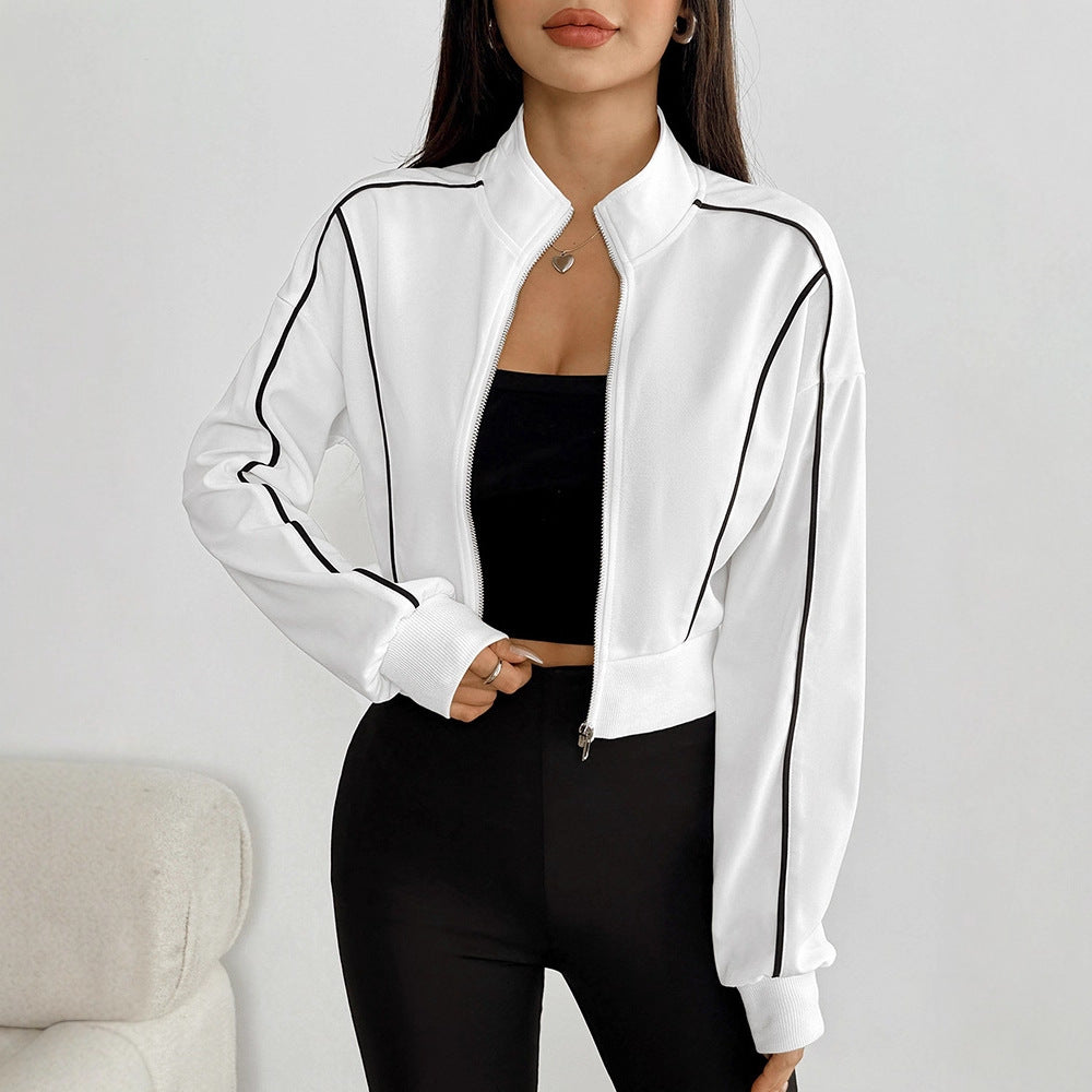 Cropped Track Jacket with Stand Collar and Contrast Piping