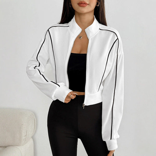 Cropped Track Jacket with Stand Collar and Contrast Piping