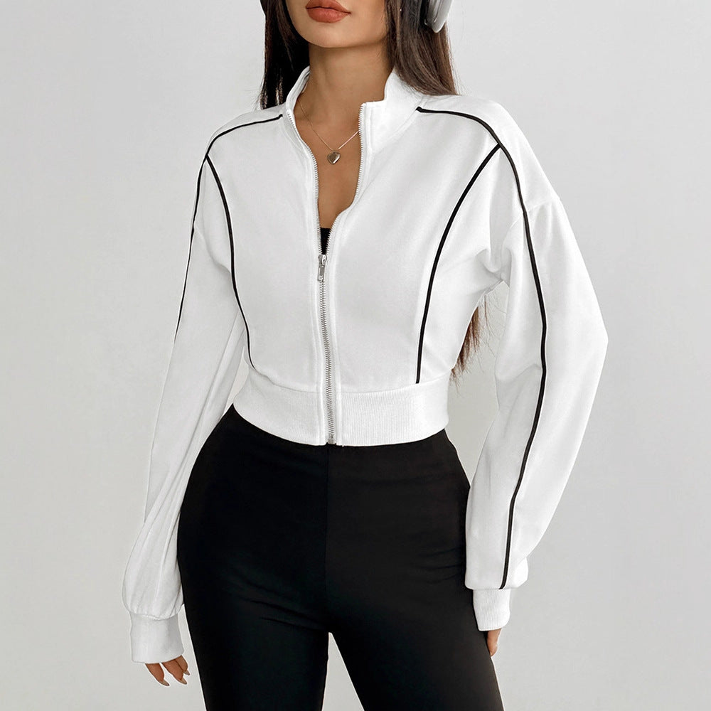 Cropped Track Jacket with Stand Collar and Contrast Piping