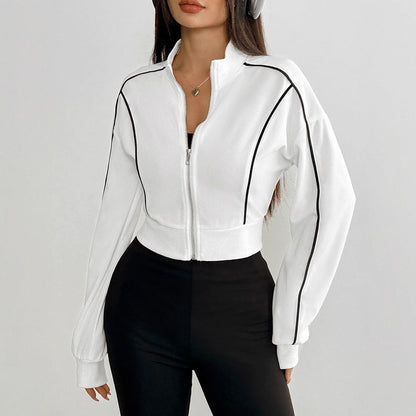 Cropped Track Jacket with Stand Collar and Contrast Piping