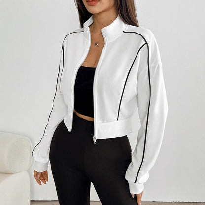Cropped Track Jacket with Stand Collar and Contrast Piping