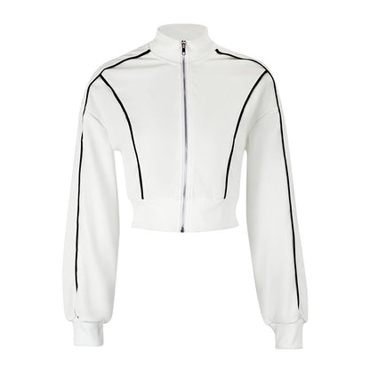 Cropped Track Jacket with Stand Collar and Contrast Piping