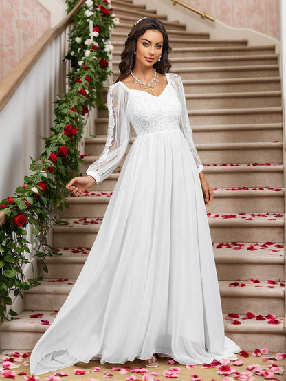 A-Line Wedding Dress with Lace Bodice and Sheer Long Sleeves