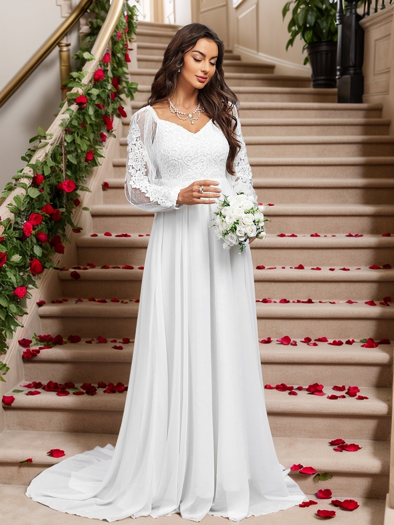 A-Line Wedding Dress with Lace Bodice and Sheer Long Sleeves