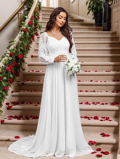A-Line Wedding Dress with Lace Bodice and Sheer Long Sleeves