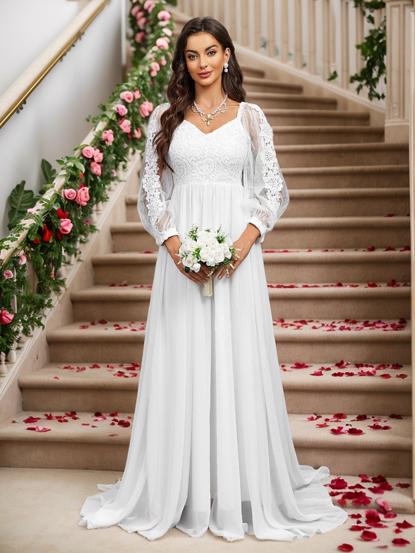 A-Line Wedding Dress with Lace Bodice and Sheer Long Sleeves