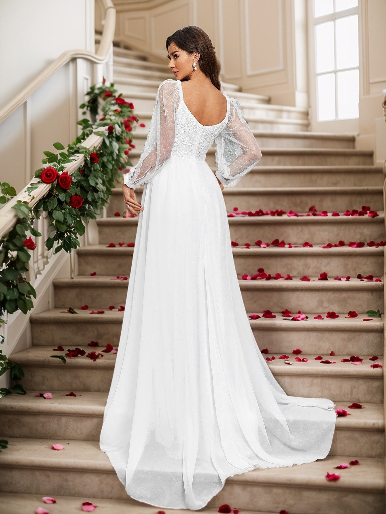 A-Line Wedding Dress with Lace Bodice and Sheer Long Sleeves
