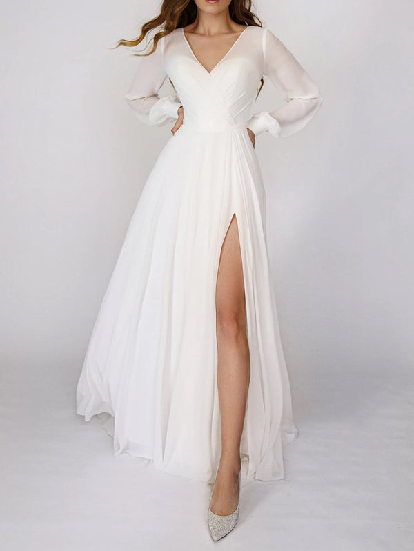 Chiffon Maxi Dress with V-Neck, Long Sleeves, and High Slit