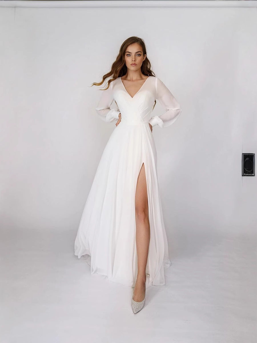 Chiffon Maxi Dress with V-Neck, Long Sleeves, and High Slit