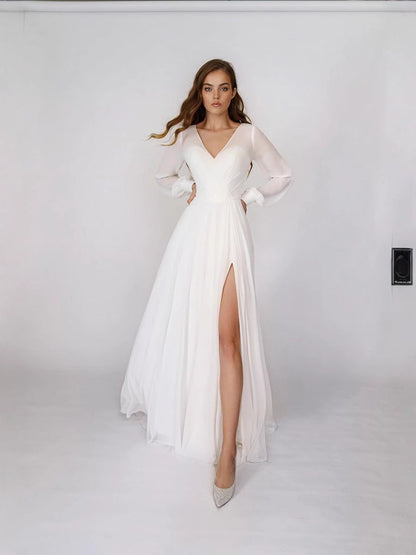 Chiffon Maxi Dress with V-Neck, Long Sleeves, and High Slit