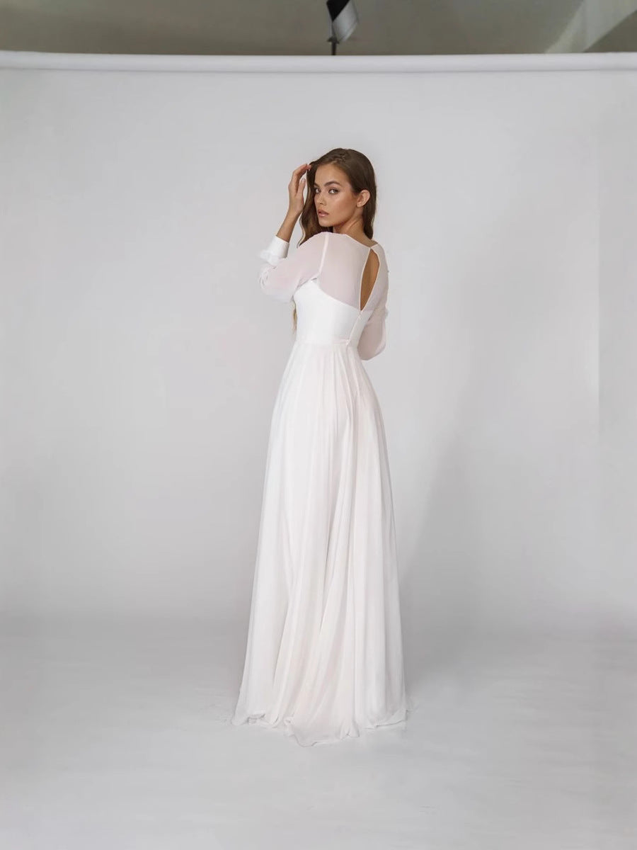 Chiffon Maxi Dress with V-Neck, Long Sleeves, and High Slit
