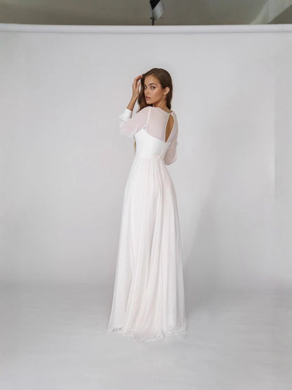 Chiffon Maxi Dress with V-Neck, Long Sleeves, and High Slit