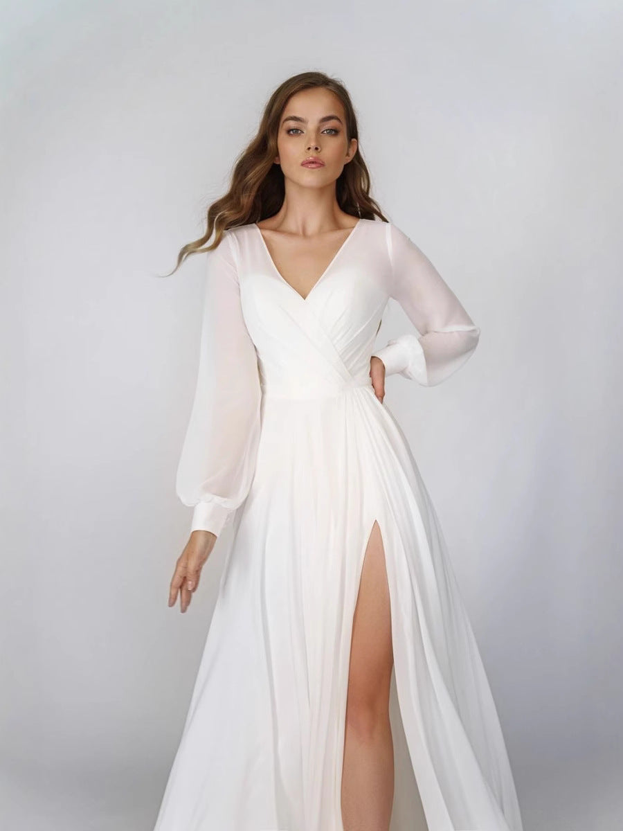Chiffon Maxi Dress with V-Neck, Long Sleeves, and High Slit