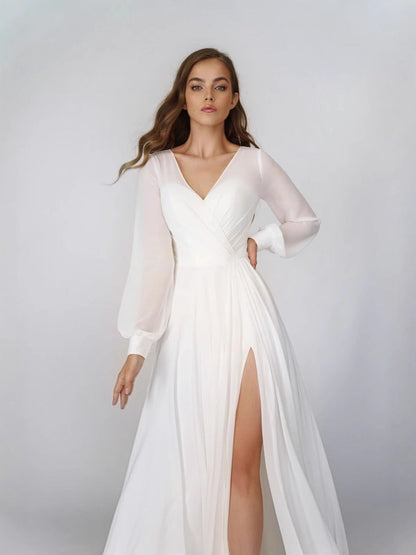 Chiffon Maxi Dress with V-Neck, Long Sleeves, and High Slit