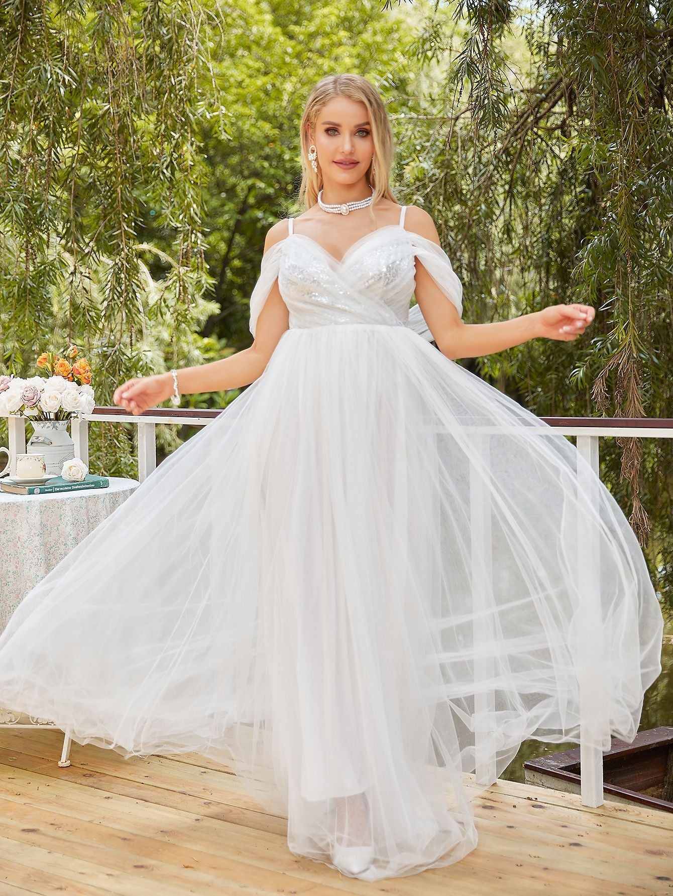Sequined Tulle A-Line Gown with Deep V-Neck and Off-Shoulder Sleeves