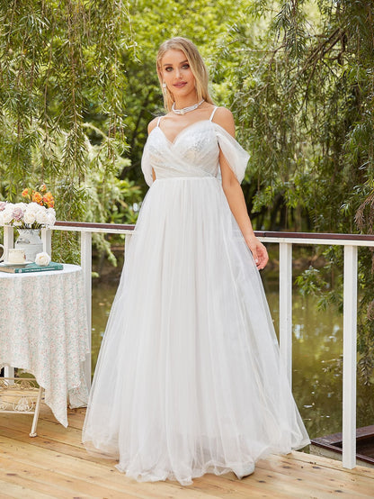 Sequined Tulle A-Line Gown with Deep V-Neck and Off-Shoulder Sleeves
