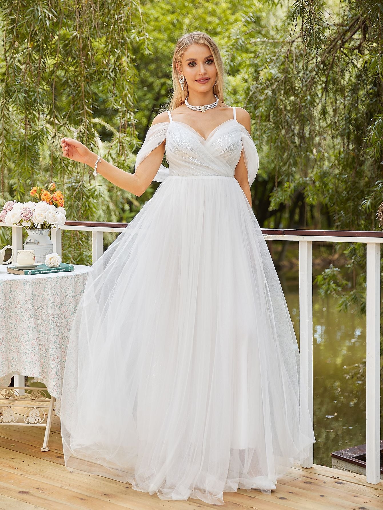 Sequined Tulle A-Line Gown with Deep V-Neck and Off-Shoulder Sleeves