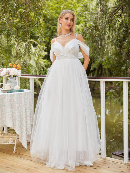 Sequined Tulle A-Line Gown with Deep V-Neck and Off-Shoulder Sleeves